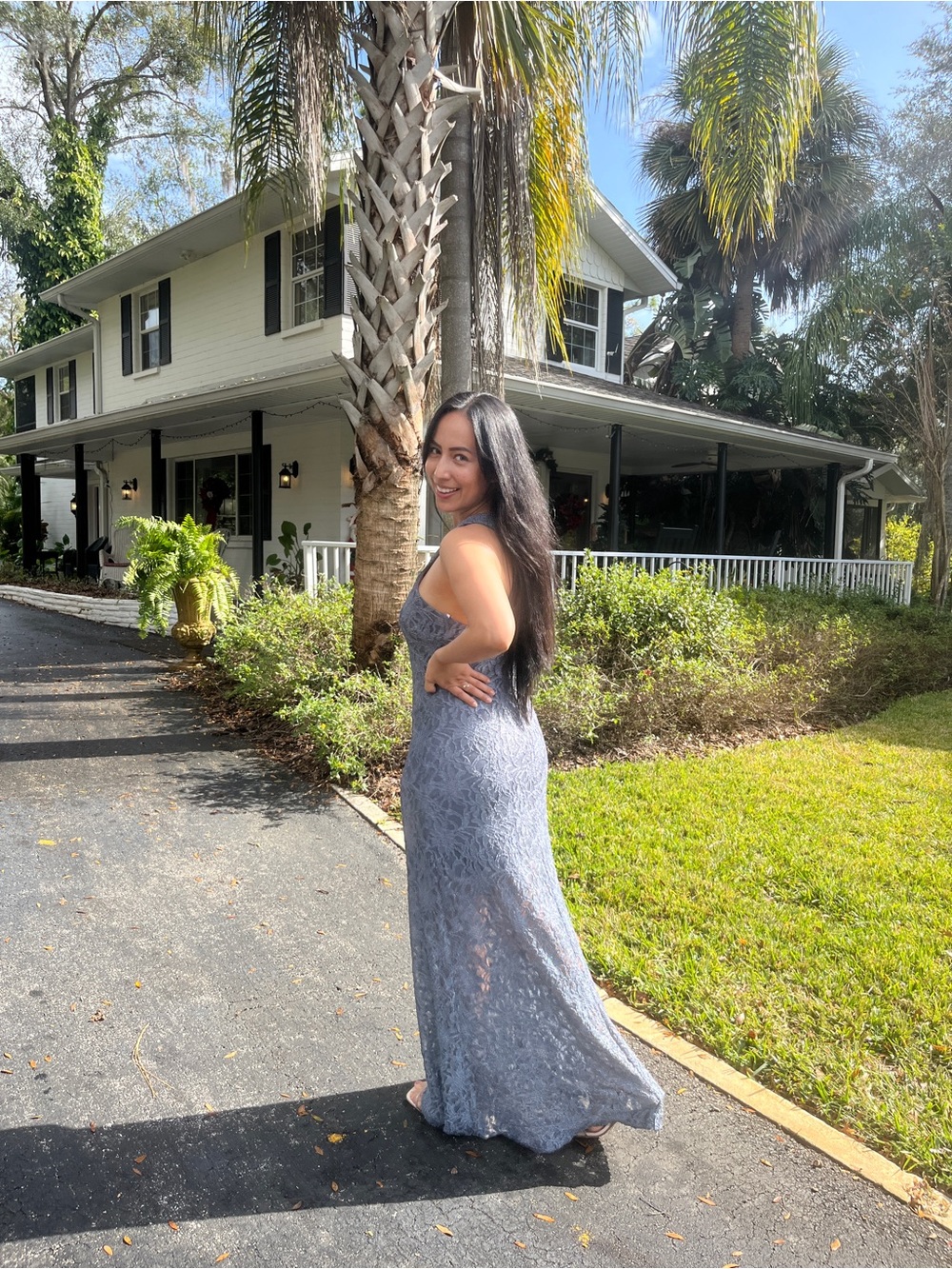 Elegant Lace Maxi Dress in Light Gray